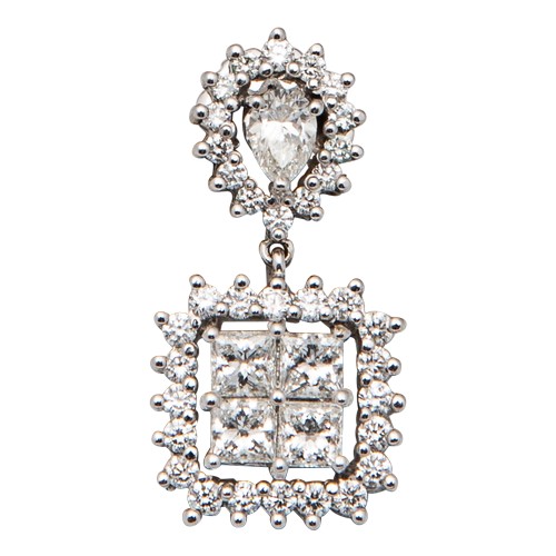 101 - A fine pair of diamond pendant earrings Set with princess, pear shaped, and brilliant cut diamondsMo... 