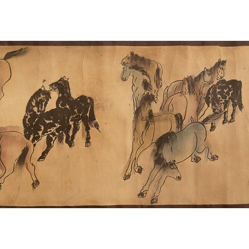 461B - C. 1900A scroll painting of horses, after the antiqueMounted in a perspex display case... 