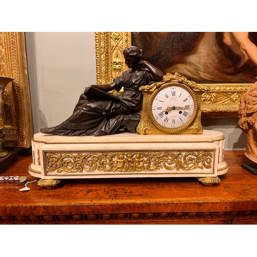 236 - Deniere of Paris, Second quarter 19th Century, A bronze and marble figural mantel clock, 'L'Emploi d... 