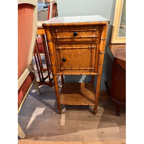 272 - [a] A 19th century simulated bamboo marble top bedside pot cupboard[b] A pair of small modern yellow... 