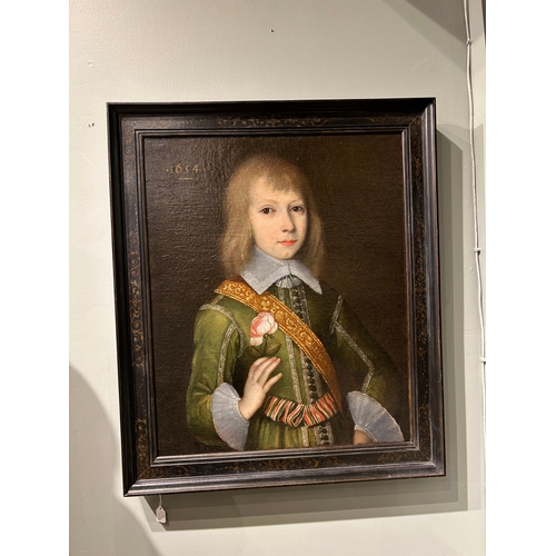 337 - British 17th century school1634, dated lower leftPortrait of a boy, half-length, in a green emb... 