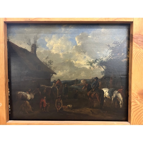 350 - Circle of Philips Wouwerman (Haarlem 1619 - 1668)Horsemen resting outside a farmsteadOil on panelTwo... 