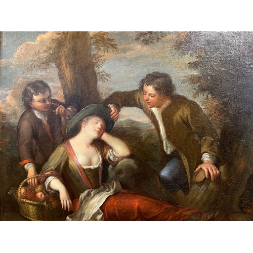 351 - Phillipe Mercier (1689 - 1760)Young lady being pickpocketedOil on canvasOld Christie's stencil ... 