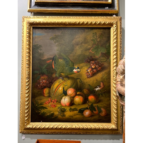 357 - Tobias Stranover (1684 - 1756)A still life with exotic fruit and birdsOil on canvasIn a carved and g... 