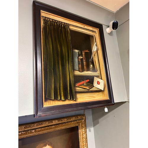 360 - French School18th CenturyA trompe l'oeil still life of with books, a curtain, and a wax sealOil on p... 