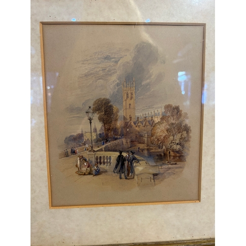 389 - English School, c. 1830A view of Magdalen bridge and tower with students in conversationWaterco... 