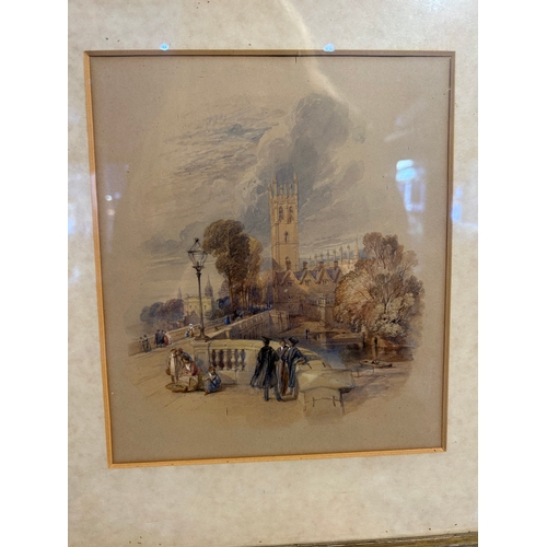 389 - English School, c. 1830A view of Magdalen bridge and tower with students in conversationWaterco... 