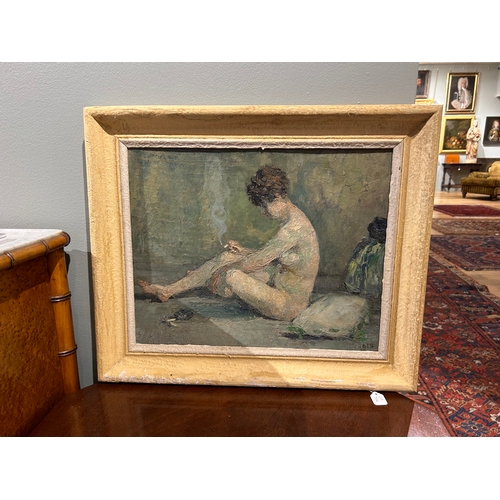 406 - Jean Desire Bascoules1919, FrenchPortrait of a nude lady smokingSigned and dated lower left and righ... 