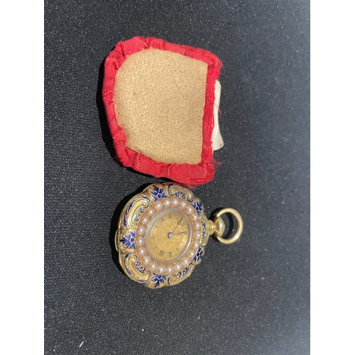 112 - Switzerland19th CenturyA fine gold, enamel and pearl fob watchThe engraved dial with enamel, Roman n... 