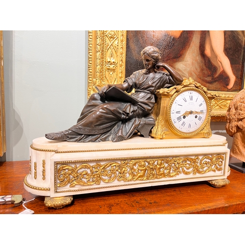 236 - Deniere of Paris, Second quarter 19th Century, A bronze and marble figural mantel clock, 'L'Emploi d... 