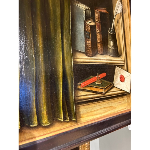 360 - French School18th CenturyA trompe l'oeil still life of with books, a curtain, and a wax sealOil on p... 