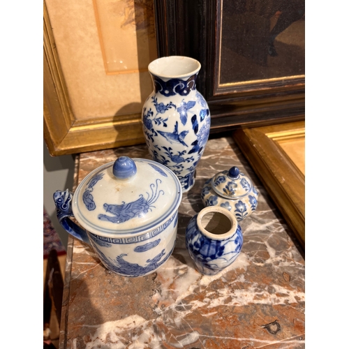 455 - Chinese18th-20th CenturyFour blue and white porcelain vessels[1] Dragon handled, lidded pot decorate... 