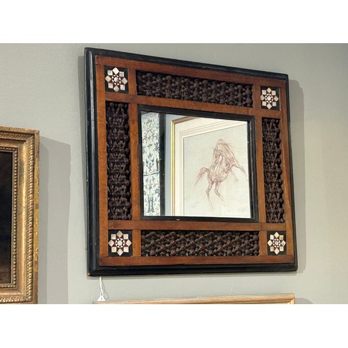 219A - North AfricaAntiqueA mother-of-pear inlay lattice-work wooden mirrorDimensions:16.75 in. (H) x 18.75... 