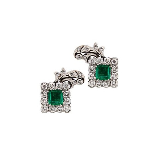 79 - Circa 1950A pair of emerald and diamond clip earringsEach set to the centre with a square shaped eme... 