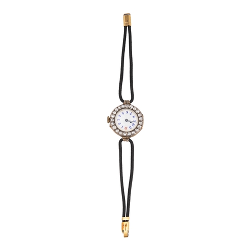 4 - EdwardianA rose-cut diamond and gold lady's wristwatchThe circular white enamelled dial with blue en... 