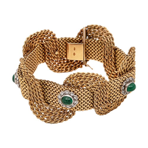 31 - Circa 1950An attractive 18 carat gold interwoven mesh emerald and diamond set braceletThe interwoven... 