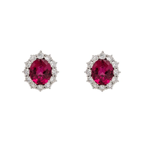 67 - An impressive pair of pink tourmaline and brilliant cut diamond cluster earringsThe oval briollete p... 