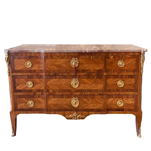 154 - FrenchLouis XVMid 18th CenturyAn ormolu-mounted kingwood and fruitwood commode with a rouge marble t... 