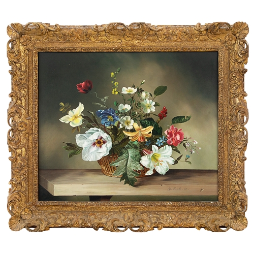 383 - John Lancaster (20th Century)A still life with flowers, 1964Oil on canvas In a carved giltwood ... 