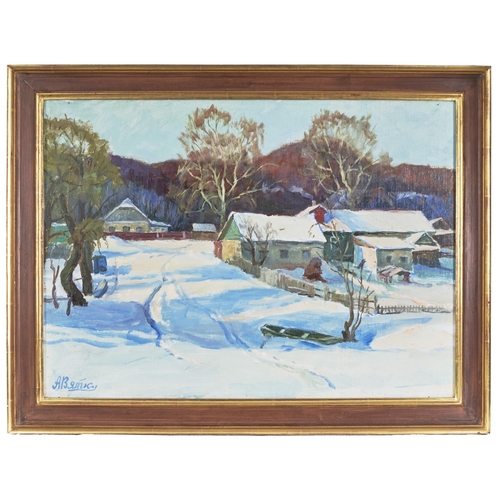 386 - RussianMid-20th CenturyA winter landscape with housesOil on canvasStamp versoDimensions:(Canvas) 19 ... 