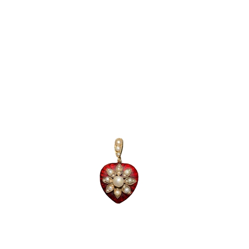 77 - EnglishCirca 1890An antique 15 carat gold, red guilloche enamel and split pearl heart shaped pendant... 