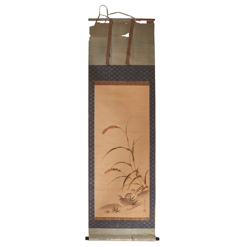 144 - Japanese19th CenturyA hanging scroll of two quailInk and colour on paperSigned bottom rightTo be sol... 