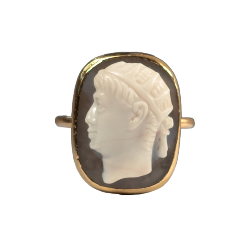 48 - A fine Georgian agate cameo of a young Roman Emperor wearing a radiating crown set, in an 18th Centu... 