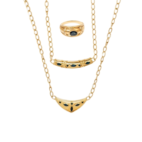 88 - EuropeanCirca 1980Three pieces[a] A sapphire and yellow metal necklace with curb link chain[b] Anoth... 