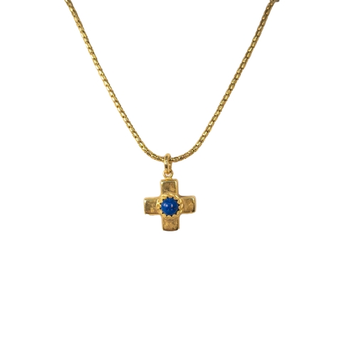 89 - EuropeanCirca 1970A yellow metal and lapis lazuli cross pendant on chainWeight:Approx 16g... 