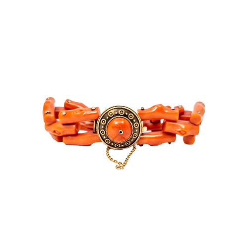 99A - EuropeanCirca 1880An unusual red coral and yellow gold braceletDimensions:Approx 6.5 in. (L) Weight:... 