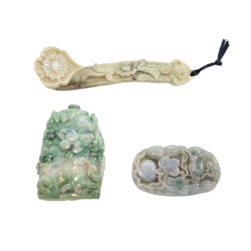 119 - Chinese20th CenturyA group of jadeite items[a] A carved jadeite bottle with peach, phoenix and drago... 