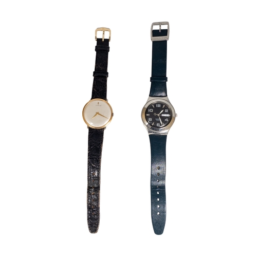 6 - Swiss Circa 1950,[a] Corum, A slim line two coloured metal wrist watch on leather strap.[b] A swatch... 