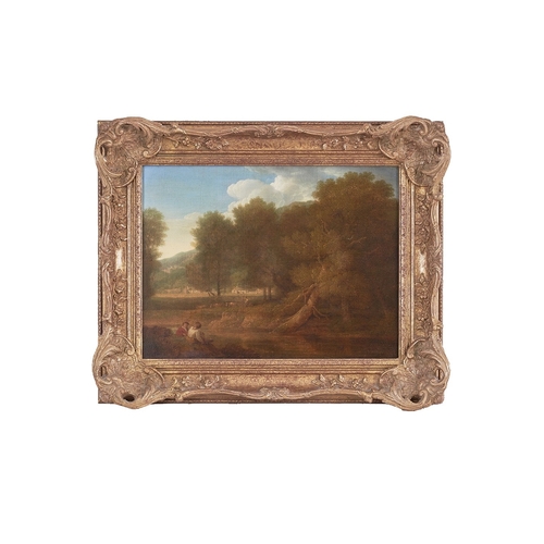 299 - Circle of J. M. W. TurnerLate 18th CenturyFigures on a riverbank with cattleOil on canvasDimensions:... 