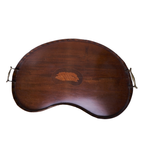 445 - English20th CenturyTwo mahogany wooden trays[a] A large kidney-shaped tray with inlay[b] A small tra... 