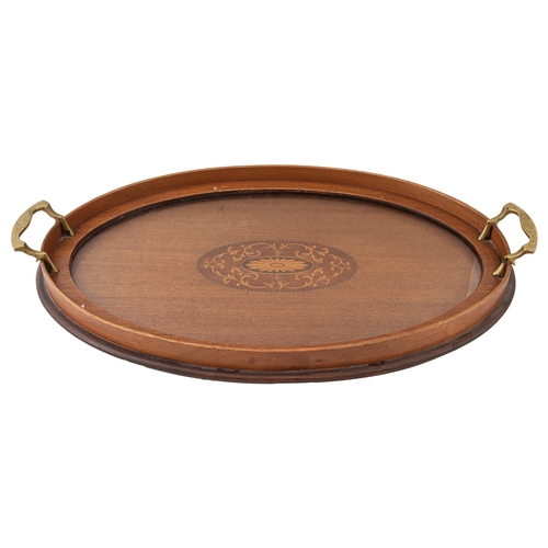 445 - English20th CenturyTwo mahogany wooden trays[a] A large kidney-shaped tray with inlay[b] A small tra... 