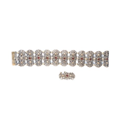 30 - EuropeanLate 19 CenturyA silver parcel gilt garnet and pearl braceletOf Neo-Renaissance DesignOne se... 
