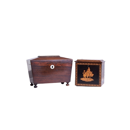 505 - 19th CenturyTwo tea caddies[a] An casket-shaped mahogany tea caddy, with double felt-lined compartme... 