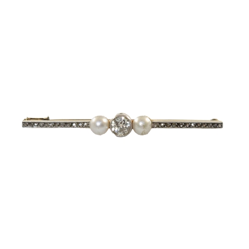 74 - Europeancirca 1910A diamond and natural pearl bar broach Mounted in platinum and yellow goldWeight:A... 