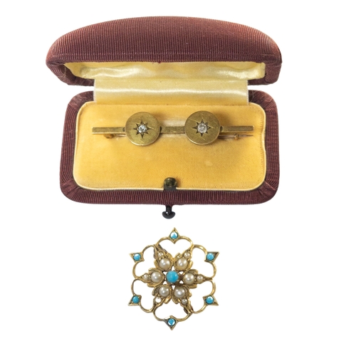 80 - EuropeanLate 19th Century[a] A split pearl and turquoise yellow gold broach[b] A diamond yellow gold... 