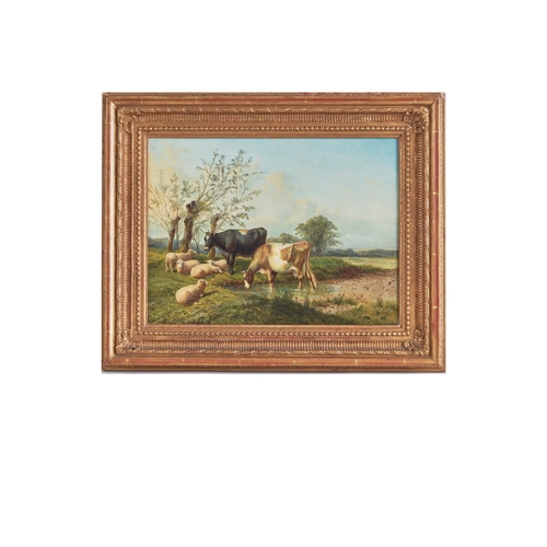 393 - S. J. Clark (1841 - 1928)Cows and sheep in a stream with pollarded willows on a summer's dayTo be so... 