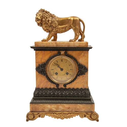 495 - FrenchLate 19th CenturyA marble and ormolu mantel clockThe marble case with ormolu banding, and topp... 