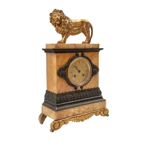 495 - FrenchLate 19th CenturyA marble and ormolu mantel clockThe marble case with ormolu banding, and topp... 