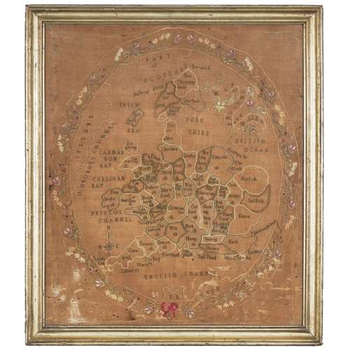 526 - 18th/19th CenturyA group of four needlework samplers[a] A county map of England and Wales, with a fl... 