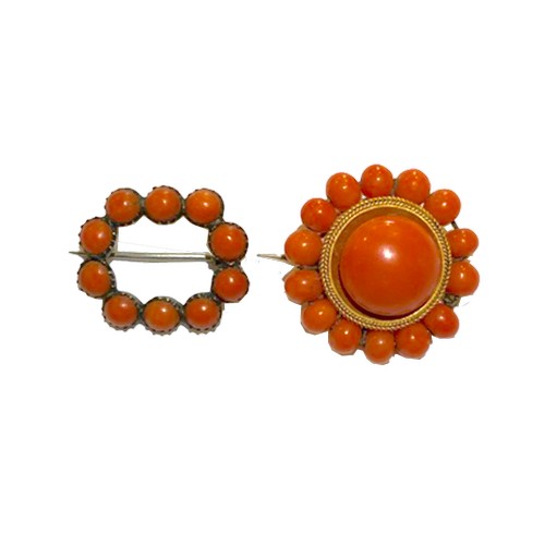 81 - European19th CenturyTwo brooches[a] An antique coral and yellow gold circular cluster brooch[b] A sm... 