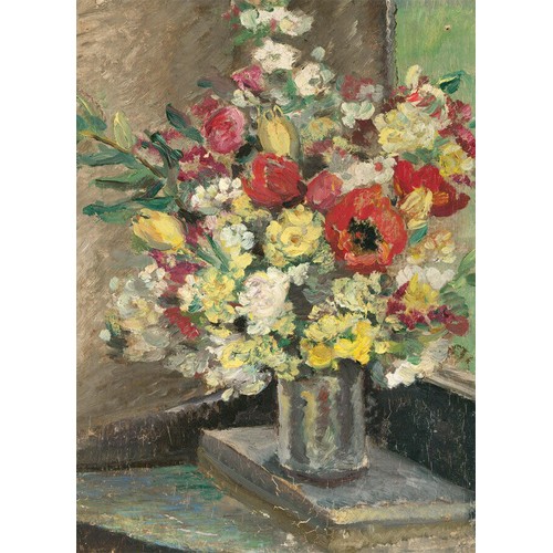 282 - Attributed to Dame Ethel Walker (1861 - 1951)Flowers in a vaseOil on artist's boardInscribed verso, ... 