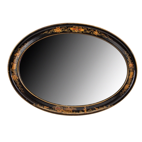 471 - JapaneseCirca 1920A japanned and ebonised wood oval mirrorPainted with floral and figural motifsDime... 