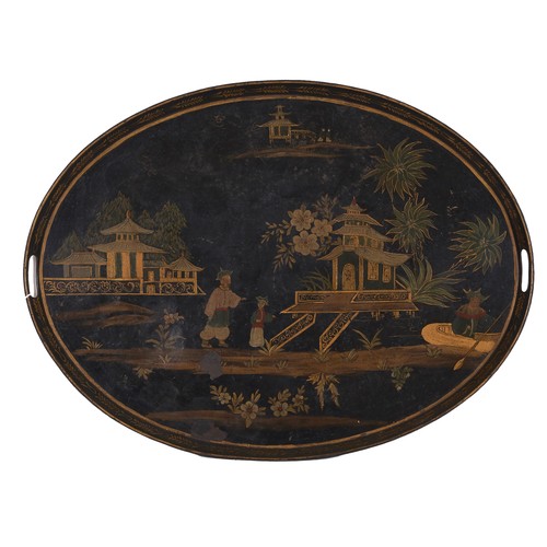 485A - Early 20th CenturyOriental taste A japanned metal oval trayDecorated with courtly figures in a lands... 