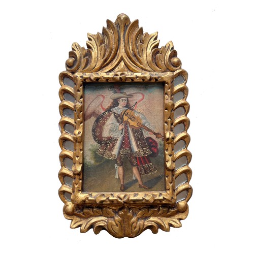 256A - Cuzco schoolAngel Playing an InstrumentOil on canvas, in gilt and mirrored frameDimensions:(Canvas) ... 