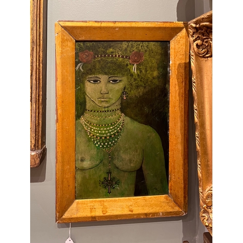 382 - South AsianCirca 1970A green womanOil on artist's boardDimensions:(Frame) 10.5 in. (H) x 15.5 in. (W... 