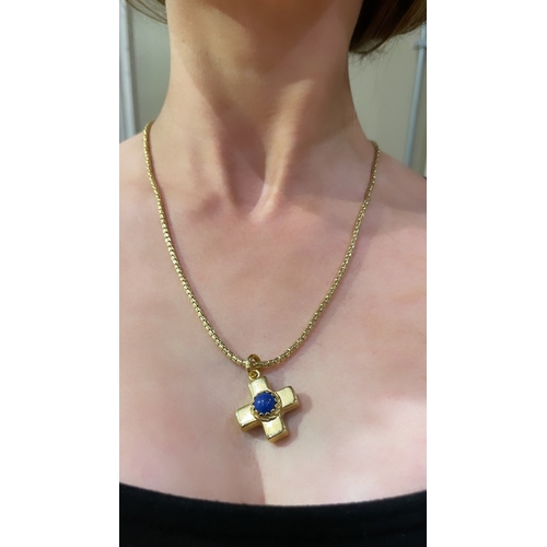 89 - EuropeanCirca 1970A yellow metal and lapis lazuli cross pendant on chainWeight:Approx 16g... 